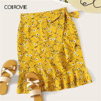 Yellow Ditsy Floral Mini Skirt Women 2019 Summer - Mostatee