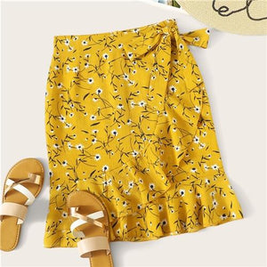 Yellow Ditsy Floral Mini Skirt Women 2019 Summer - Mostatee