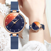 Magic Color Glass Analog Quartz Watch Women Blue Mesh Casual Waterproof Wrist Watch