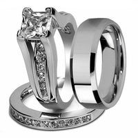 Princess Cut Cubic Zirconia Couple Rings Stainless Steel Wedding Ring Set for Women and Men - Mostatee